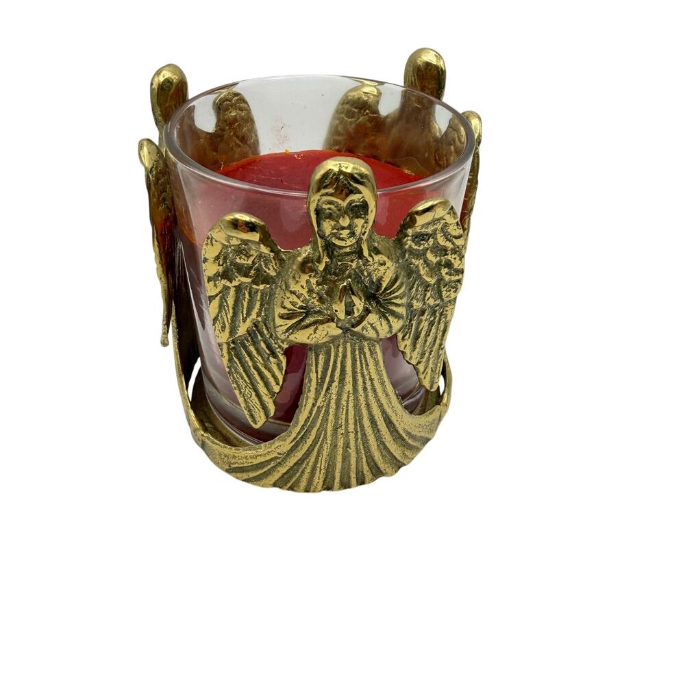 Solid Brass Angel Votive Candle Holder Three Praying Cherubs Glass Cup Korea